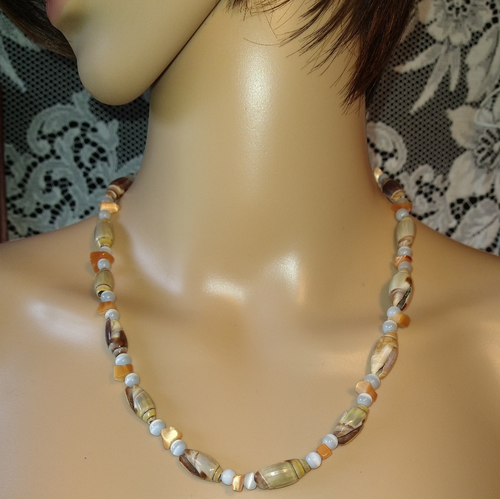 Seashell and bead vintage necklace earth tones beige amber grey beads 20 inches